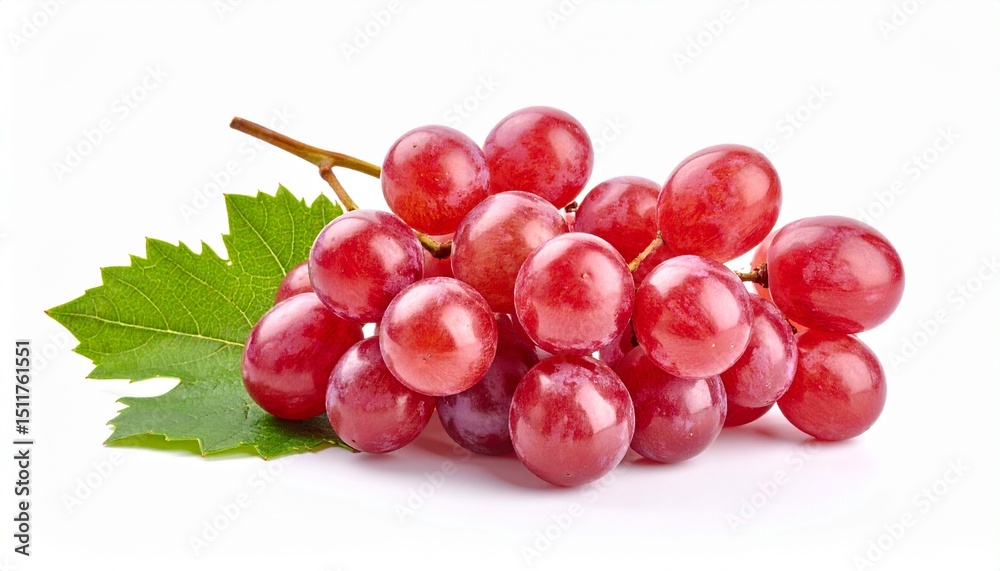 Fototapeta premium Red grape cluster with leaves isolated on white background 