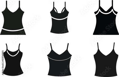 Vector fashion illustration set of women's clothing, camisole,  including t-shirts, bikinis, dresses, and lingerie, ideal for design templates
