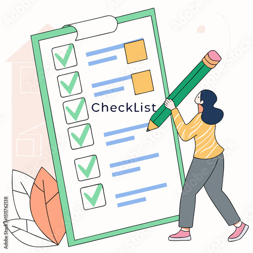 3D Checklist with Green Checkmarks and Sticky Notes