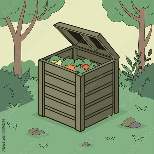 Compost bin with food scraps and nature background 3D icon