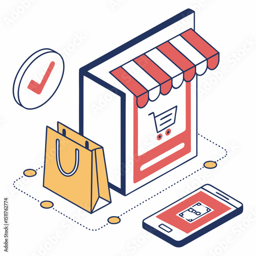Online Storefront Icon in 3D with Shopping Elements