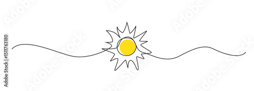 One line sun vector icon. Continuous sunshine outline, sunrise doodle, summer line illustration