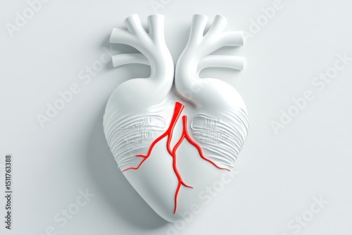 Artistic representation of a human heart highlighting anatomical features and blood vessels on a white background