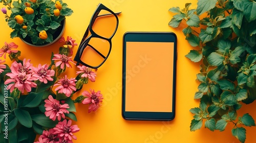 Flat lay of plants, tablet, and sunglasses