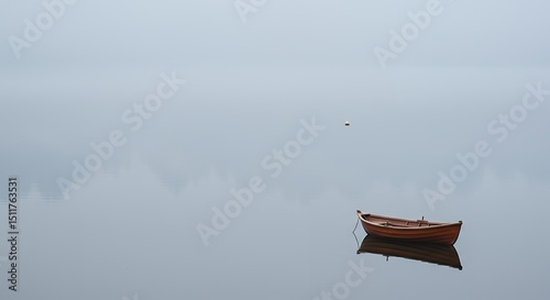AI-Generated of Negative Space Minimalist Landscape with Lonely Wooden Boat on Calm Water in Mist