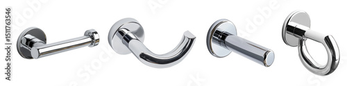Realistic chrome towel hook set. 3D illustration of door handle for interior design.
