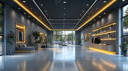 Modern retail space with gray walls, illuminated by warm yellow accents