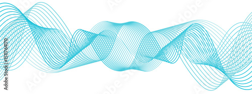 Abstract, digital-style background with series  intertwined, flowing waveforms made of smooth, fine aqua blue lines. Waves curve and overlap fluidly, stretching horizontally across with soft gradients
