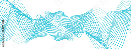 Abstract, digital-style background with series  intertwined, flowing waveforms made of smooth, fine aqua blue lines. Waves curve and overlap fluidly, stretching horizontally across with soft gradients