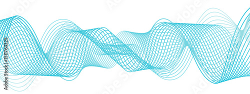 Abstract, digital-style background with series  intertwined, flowing waveforms made of smooth, fine aqua blue lines. Waves curve and overlap fluidly, stretching horizontally across with soft gradients