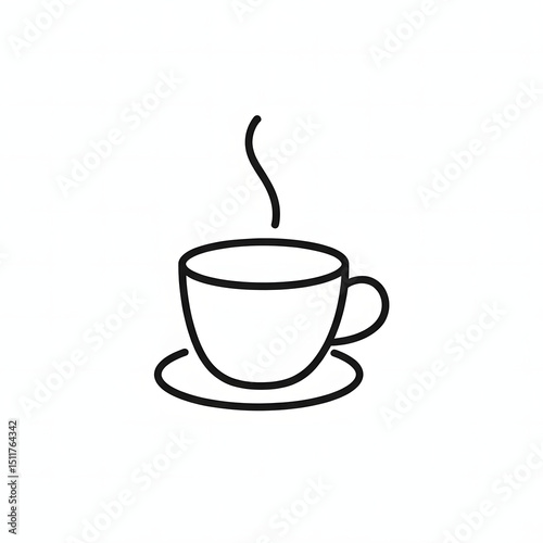 Minimal black line coffee cup with steam logo, elegant icon on white.