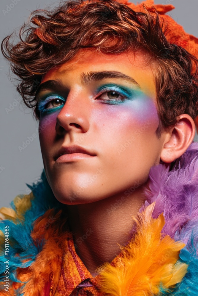 Fototapeta premium Pride Month Makeup and Style. Close-up portrait of young person wearing bold rainbow makeup and colorful feathers, concept of pride and identity