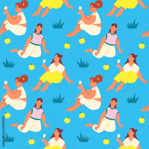 Seamless pattern with people resting on a picnic