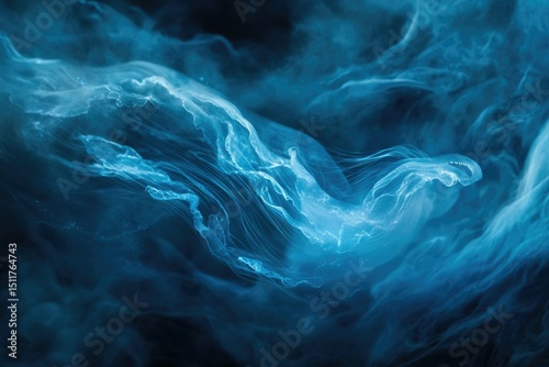 Abstract underwater image of flowing blue jellyfish tentacles, ethereal and mesmerizing.