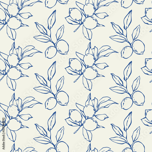 Lemon pattern. Line art hand drawn seamless pattern in Mediterranean La dolce vita for fabric design, packaging, kitchen decor, Italian summer design, wrapping. Whimsical blue sketch vector background