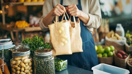 Woman placing produce in reusable bags at a grocery store