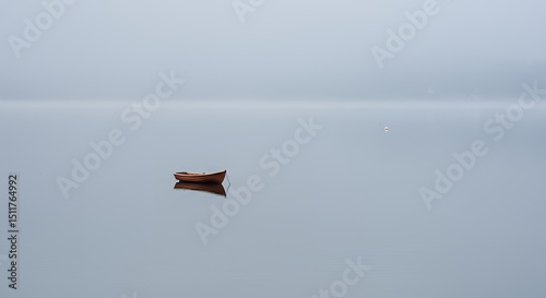 AI-Generated of Negative Space Minimalist Landscape with Lonely Wooden Boat on Calm Water in Mist