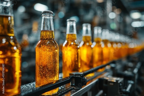 Bottles of amber liquid aligned on a conveyor belt in a factory setting