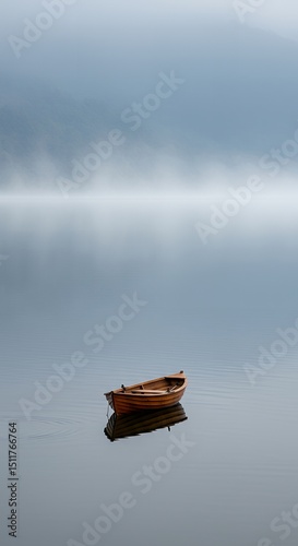 AI-Generated of Negative Space Minimalist Landscape with Lonely Wooden Boat on Calm Water in Mist