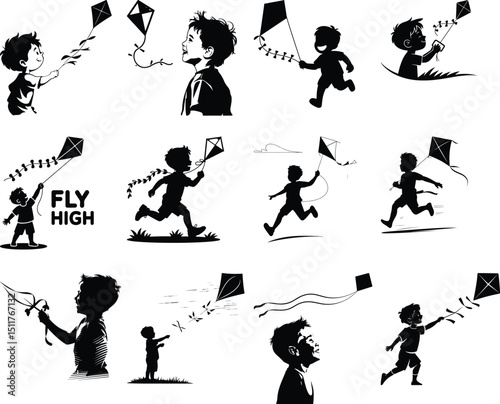 Boy Flying Kite Silhouette Set – Kids Playtime Vector Collection Kite Flying Boy Silhouette Bundle – Fun Childhood Outdoor Scene