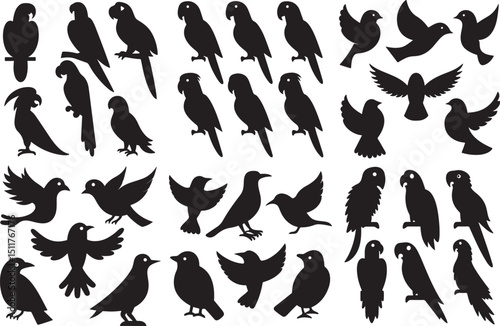 set of silhouettes of bird
