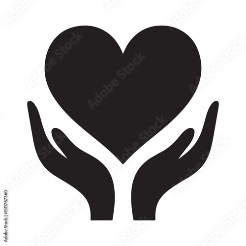 Minimalist black and white heart silhouette with protecting hands