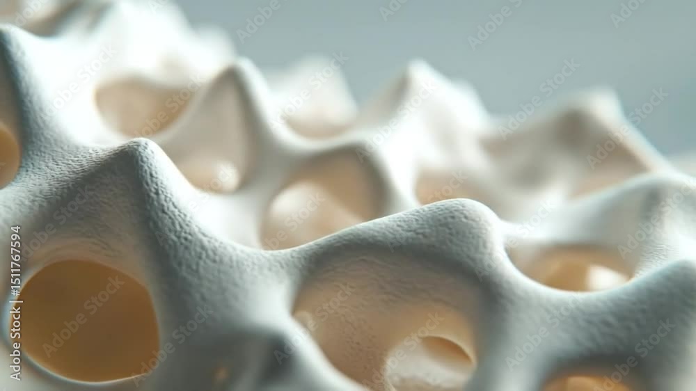 Close-up view of a porous, organic structure.  Detailed texture shows  irregular cavities and bumps. Light reflects off the surface