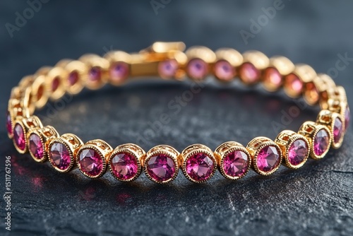 Jewelry with gemstones luxury gold bracelet with Corundum on a dark gray background