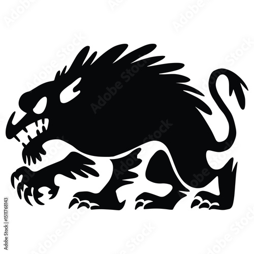 Black and white vector illustration of a wild dragon silhouette animal