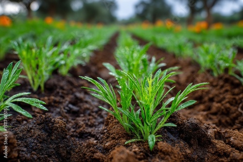 Rows of Young Green Seedlings Sprouting in a Farming Field with Loamy Soil