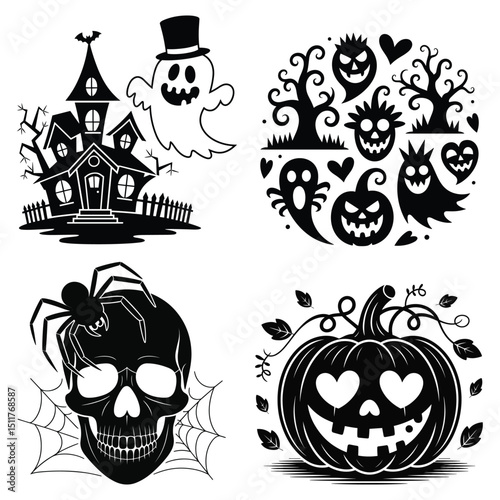 Halloween pumpkin set with spooky vector icons of bat, cat, witch hat, ghost, skull, spider silhouette for autumn holiday design
