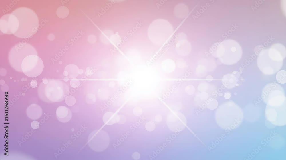 Glowing orbs dance around a central starburst on vibrant gradient background of lavender, pink, and blue colors, creating soft scene.bokeh.