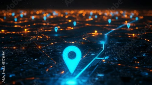 Aerial drone shot of a technological 3d representation of a GPS map with pointers and roads with different lights, science and high technology