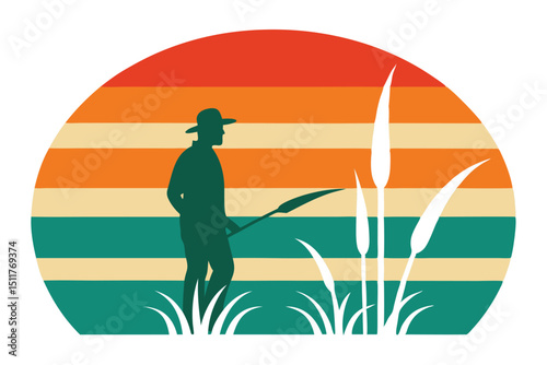 Vintage nature scene silhouette fisherman on lake at sunset