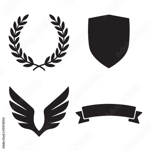 Black and white silhouette icons laurel wreath shields wings banners