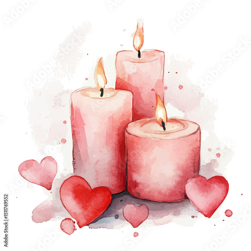 Valentines Day Candlelight, watercolor drawing vector, high quality, isolated on a white background.