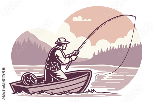 Sunrise fisherman in small boat casting line