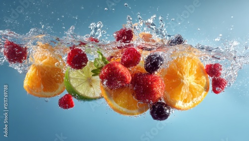 Fresh fruits in water splashes