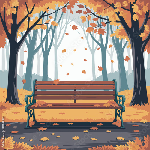 Autumn scene with a park bench