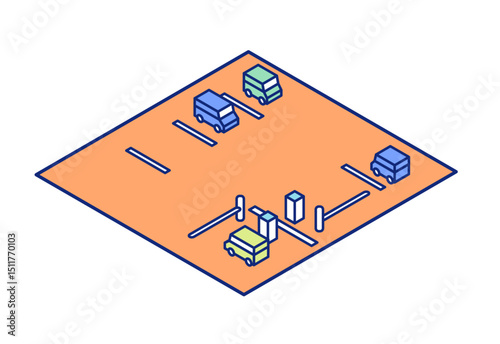 Isometric illustration of a parking lot with parking gate. Clipart of gated coin-operated parking lot.