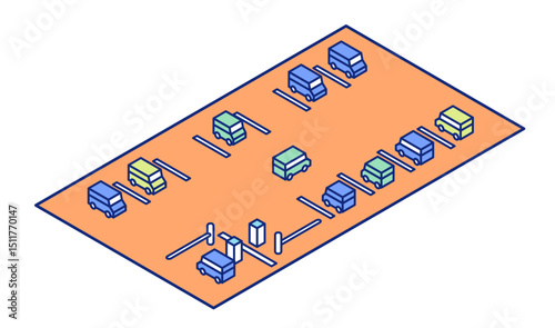 Isometric illustration of a parking lot with parking gate. Clipart of gated coin-operated parking lot.
