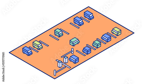 Isometric illustration of a parking lot with parking gate. Clipart of gated coin-operated parking lot.