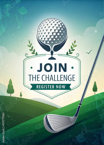 Join challenge register now poster with golf club and ball on green hills background, promoting exciting golf event with nature and sporty atmosphere