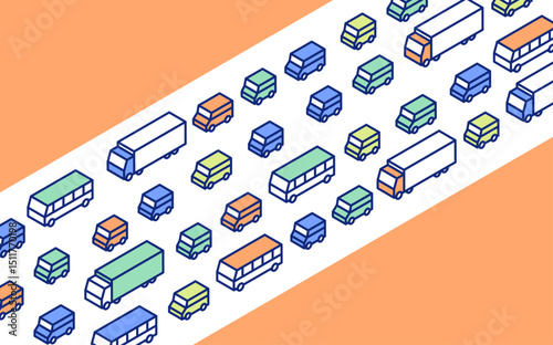 Vector illustration of traffic jam. Clipart of a traffic jam of cars, trucks and buses in a row.