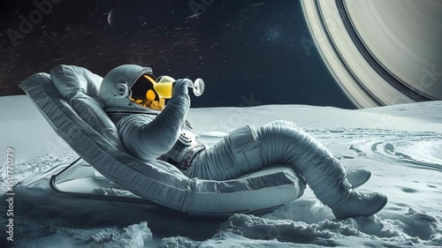 Astronaut is relaxing on a chaise lounge with a cocktail on the rings of Saturn, watching in outer space. Video Generative AI.