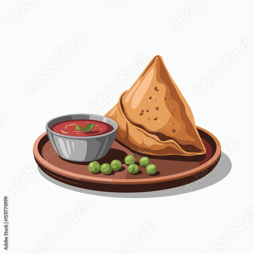 Samosa with Spicy Chutney and Green Peas – Vector Illustration