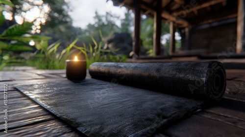A yoga mat and a candle sit on a wooden table in a serene garden.