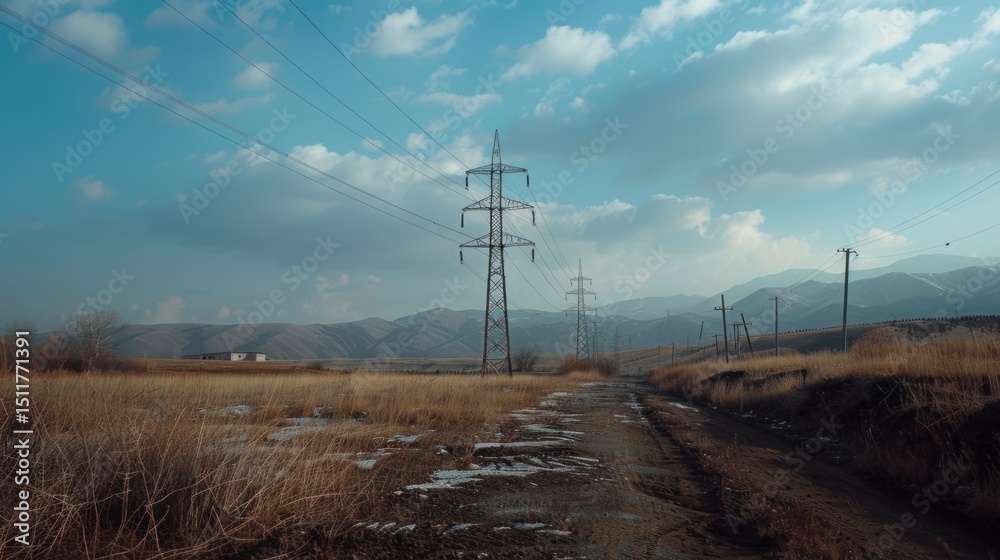 Obraz premium Rural landscape with power lines stretching across a dirt road