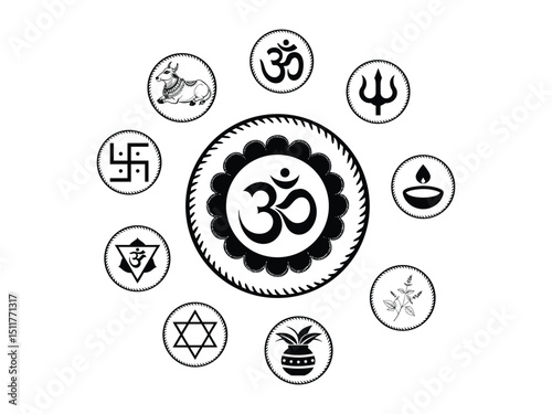Symbolic illustrations representing various religious and spiritual elements in a circular arrangement