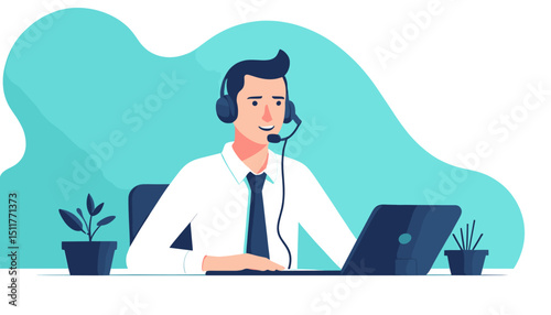 Professional Customer Service Representative with Headset Working at Laptop in Modern Office Environment